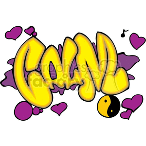 Street art style illustration featuring the word 'CALM' in bold, bubble-like yellow graffiti lettering, surrounded by purple hearts and a yin-yang symbol.