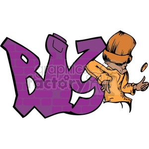 Colorful graffiti-style art with the word 'Big' in bold purple letters and a character in an orange outfit tipping a coin.