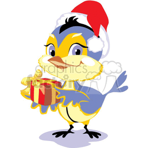 A cute blue bird wearing a Santa hat, holding a wrapped gift, perfect for Christmas-themed digital content.