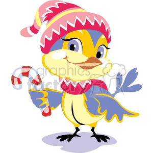 A cheerful cartoon blue bird wearing a winter hat and scarf, holding a candy cane.