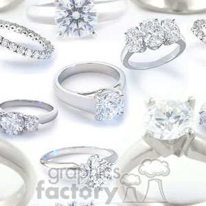 A collection of various diamond rings set in white gold or platinum bands, showcasing different styles of engagement and wedding rings.