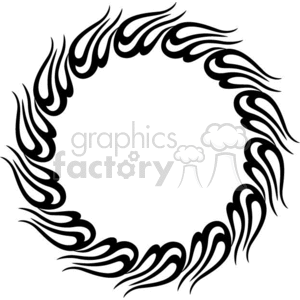 A circular tribal design with abstract, flame-like patterns in black. The design has a bold and symmetrical appearance with an empty center.