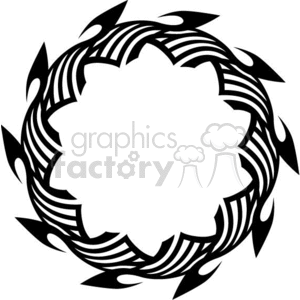 A black tribal circular pattern with intricate symmetrical designs and sharp, pointed edges reminiscent of flames or feathers.