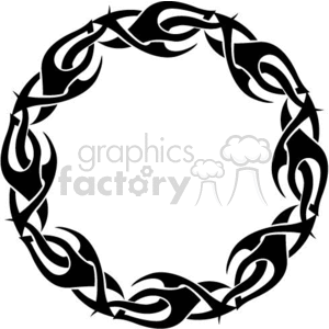 A black tribal style circular frame vector design with sharp, intertwining lines.