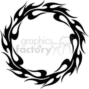 A black, circular tribal flame design in the style of tattoo art.