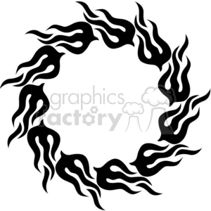 A circular design formed by black flame shapes, creating a tribal-style pattern.