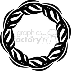 A black circular decorative pattern with intertwining lines, resembling a wreath or tribal design.