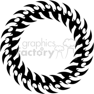 A circular tribal flame design in black, resembling a continuous loop of interlocking flame shapes.
