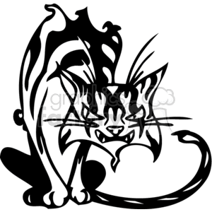 This clipart image features a stylized black and white illustration of a cat. The cat appears to be in a dynamic, somewhat aggressive or playful pose with prominent whiskers and exaggerated facial features that convey expression and motion.
