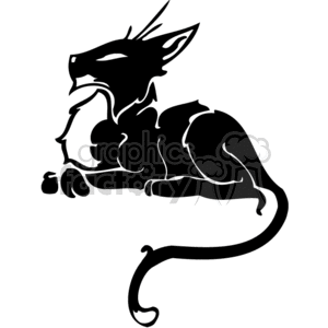 The image is a black and white vector or clipart illustration of a stylized cat. The cat is depicted in profile, displaying features like pointed ears and a long, curling tail. It appears to be lying down and is represented in a simplified, somewhat abstract form suitable for vinyl cutting or signage purposes.