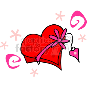 A festive Valentine's Day clipart image featuring a red heart-shaped candy box decorated with a pink flower. There are swirling pink designs and scattered stars around the heart.