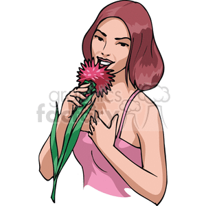   Lady smelling a rose. 