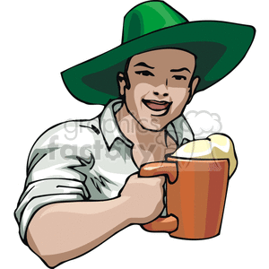 A Happy Man Wearing a Green Irish Hat holding a Mug of beer