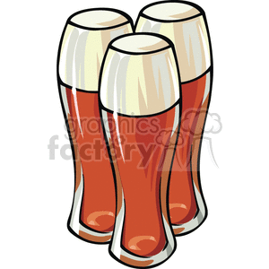 Clipart image of three tall beer glasses filled with beer.