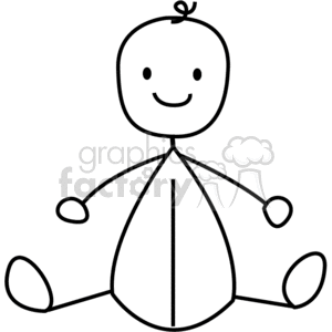 A simple black and white stick figure illustration of a sitting baby.