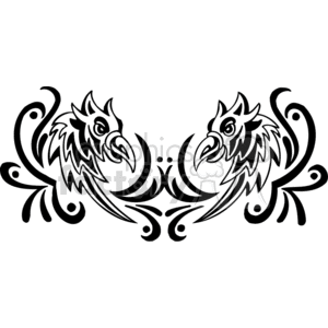 A symmetrical black and white tribal design featuring two stylized birds facing each other with intricate detailing and curving patterns.