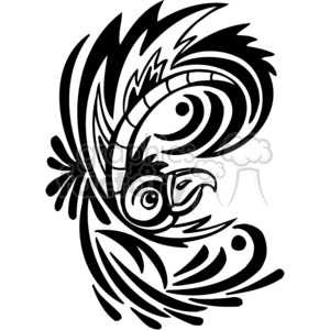 Black and white tribal art of bird with large crested plumage