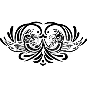 A black and white tribal-style clipart featuring symmetrical designs of stylized birds or parrot heads facing each other.
