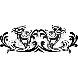 An intricate black and white clipart image featuring two stylized birds with ornate, flowing details around them.