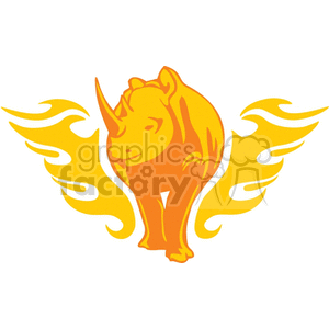 A stylized orange and yellow clipart image of a rhinoceros with exaggerated wings extending from its shoulders.