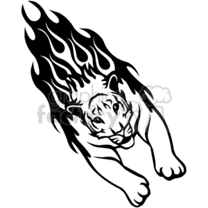 This is a black and white clipart image of a tiger in a dynamic, leaping pose with flames integrated into its body, giving a sense of speed and aggression.