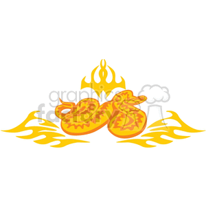 Clipart image featuring a stylized yellow and orange snake with flame-like designs, set against a backdrop of abstract flame shapes.