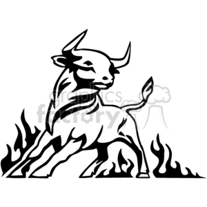 A black and white clipart illustration of a fierce bull emerging from flames.