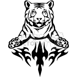 A black and white tribal-style clipart image of a tiger facing forward with its paws extended.