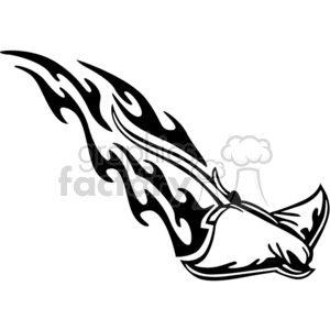 A black and white clipart image featuring a stylized manta ray with flame-like patterns extending from its wings, creating a dynamic and bold design.