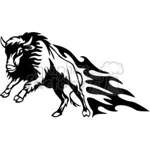 A dynamic black and white clipart image of a buffalo with stylized flames extending from its back, giving it a sense of speed and motion.