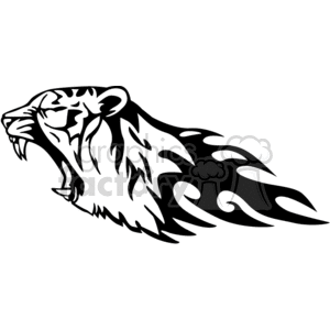 Black and white clipart image of a roaring tiger head with flame-like patterns extending from its neck.