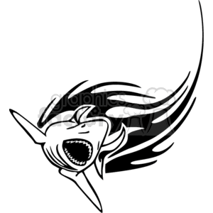 A dynamic and stylized black and white clipart image of a shark with an open mouth and sharp teeth, appearing to be in motion with flowing lines representing speed or movement.