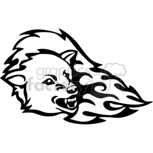 A fierce wolf head in black and white clipart style with flames extending from its jaw.