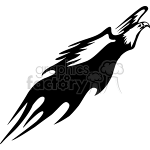 A black and white clipart illustration of an eagle in flight with a stylized, flame-like tail.
