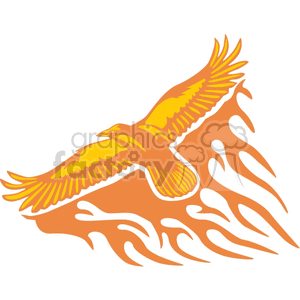 Clipart image of a golden-yellow bird with wings spread wide, flying above stylized flames.