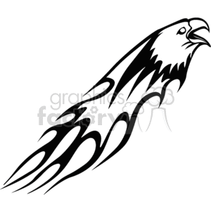 A black and white clipart image of an eagle's head emerging from flame-like patterns, designed in a tribal art style.