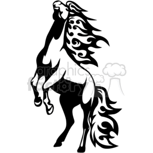 A black and white clipart image of a rearing horse with a flowing mane and tail.