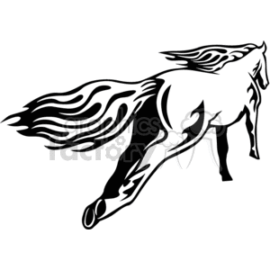 This is a black and white clipart image of a stylized horse in motion, featuring flowing mane and tail with flame-like patterns.