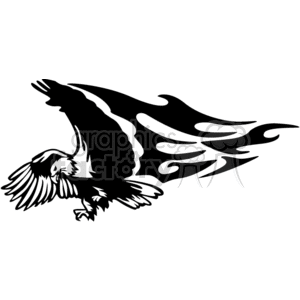 Black and white clipart image of an eagle with extended wings and a flame design in the background.