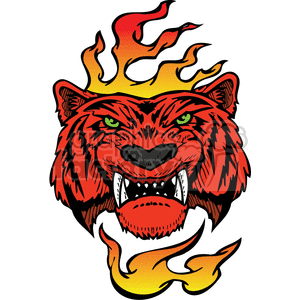 The clipart image features a stylized illustration of a fierce tiger's face with green eyes, surrounded by dynamic orange and yellow flames. The design is bold and exhibits a tattoo-like appearance, suitable for vinyl-ready cutter projects.