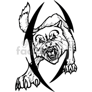 This clipart image depicts a stylized, aggressive wolf with its teeth bared, ready to attack. The design is enclosed within an elliptical shape that is pointed on each end, resembling tribal or tattoo art. It is black and white, making it suitable for vinyl cutting or signage purposes.