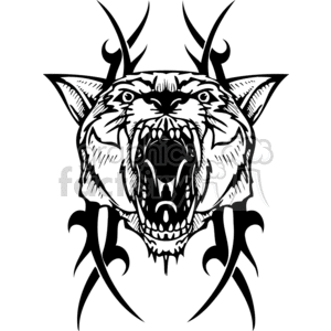 This clipart image features a stylized design of a tiger's head with tribal tattoo elements. The tiger is depicted with an open mouth, displaying its teeth in an aggressive manner, which is a common motif for representing predator animals. The artwork is designed in black and white, suitable for vinyl cutting or other types of signage or graphic applications such as tattoos. The image has clean lines and bold contrasting areas, making it ideal for vinyl-ready cutter projects.