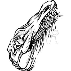 This clipart image features a stylized drawing of an alligator's or crocodile's head with an open mouth, showcasing sharp teeth, and an aggressive appearance. The image is designed in a bold line style suitable for use as a vinyl cutter ready design, signages, or as a tattoo design.