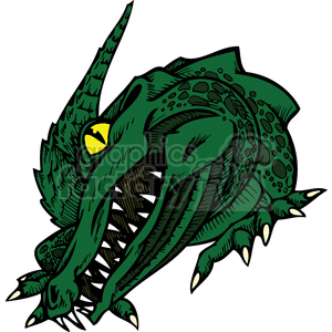 The clipart image depicts a stylized representation of a crocodile or alligator with its mouth open, displaying sharp teeth. The creature has a green, textured skin with spots and scales, and a prominent eye with a yellow iris. This design is bold and graphic, typical of tattoos or vinyl cutter designs.