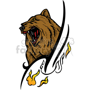This clipart image features a stylized representation of a grizzly bear with an aggressive expression. The bear is brown with black outlining, and has detailed fur texture. Surrounding the bear are abstract, swirling black lines and three small orange and yellow flames, adding to the fierce and wild theme of the design. The style suggests it could be suitable for use in vinyl cutter projects or as a tattoo design, given its bold lines and dynamic appearance.