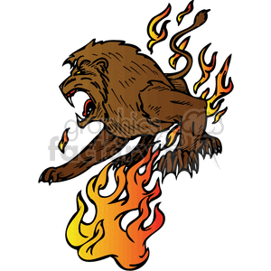   The clipart image features a stylized illustration of a fierce predator, which resembles a lion. The animal is depicted with an open mouth, showing aggression. Flames are integrated into the design, emanating from various parts of its body, including its back, tail, and paws, giving it a fiery appearance. The design looks bold and dynamic, with a tattoo-like quality, making it suitable for vinyl-ready cutter projects or other graphic uses. 