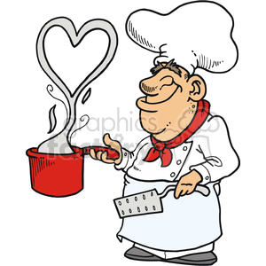 The clipart image shows a cartoon chef holding a pot, cooking a dish with heart-shaped steam coming out of it in a kitchen. The chef is smiling and there are various heart-shaped decorations around the kitchen. The image is likely related to Valentine's Day and love-themed cooking or eating out.
