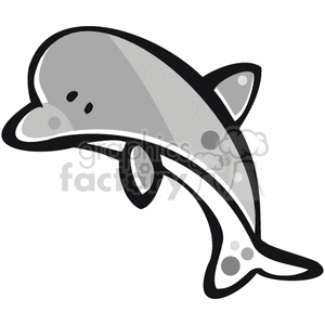 The image depicts a grey dolphin with a black outline. The dolphin has a smooth and curved body, with its fins and tail providing a distinct outline. Its eyes are small and round. The black outline around the dolphin gives the image an artistic, cartoon-like look.