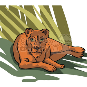 The image is a cartoon of a female lion (lioness) lying on the ground. She is looking towards you in a relaxed fashion. There is long green grass/reeds in the background, and grass below