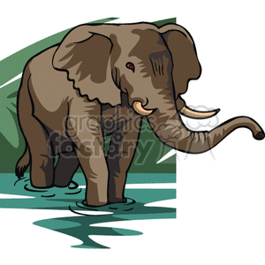 The clipart image shows a vector illustration of a realistic elephant standing in water. The elephant has a lifelike texture and shading, giving it a three-dimensional look. It has its trunk outstretched
